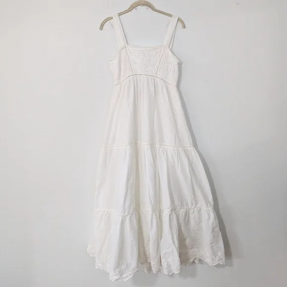 Zara Pintuck Tiered Midi Dress Tie Back Ladder Detail Beige Ecru Small S - Picture 3 of 11